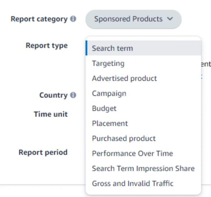 选择搜索词报表类型；Report category选Sponsored Products，Report type选Search term。