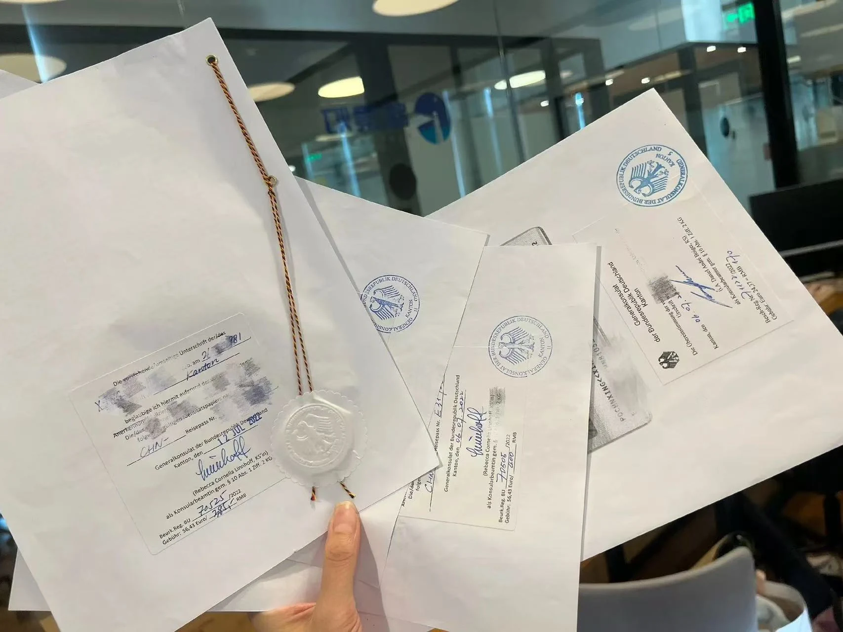 德国主体项目文件与认证资料实拍，敏感信息已处理